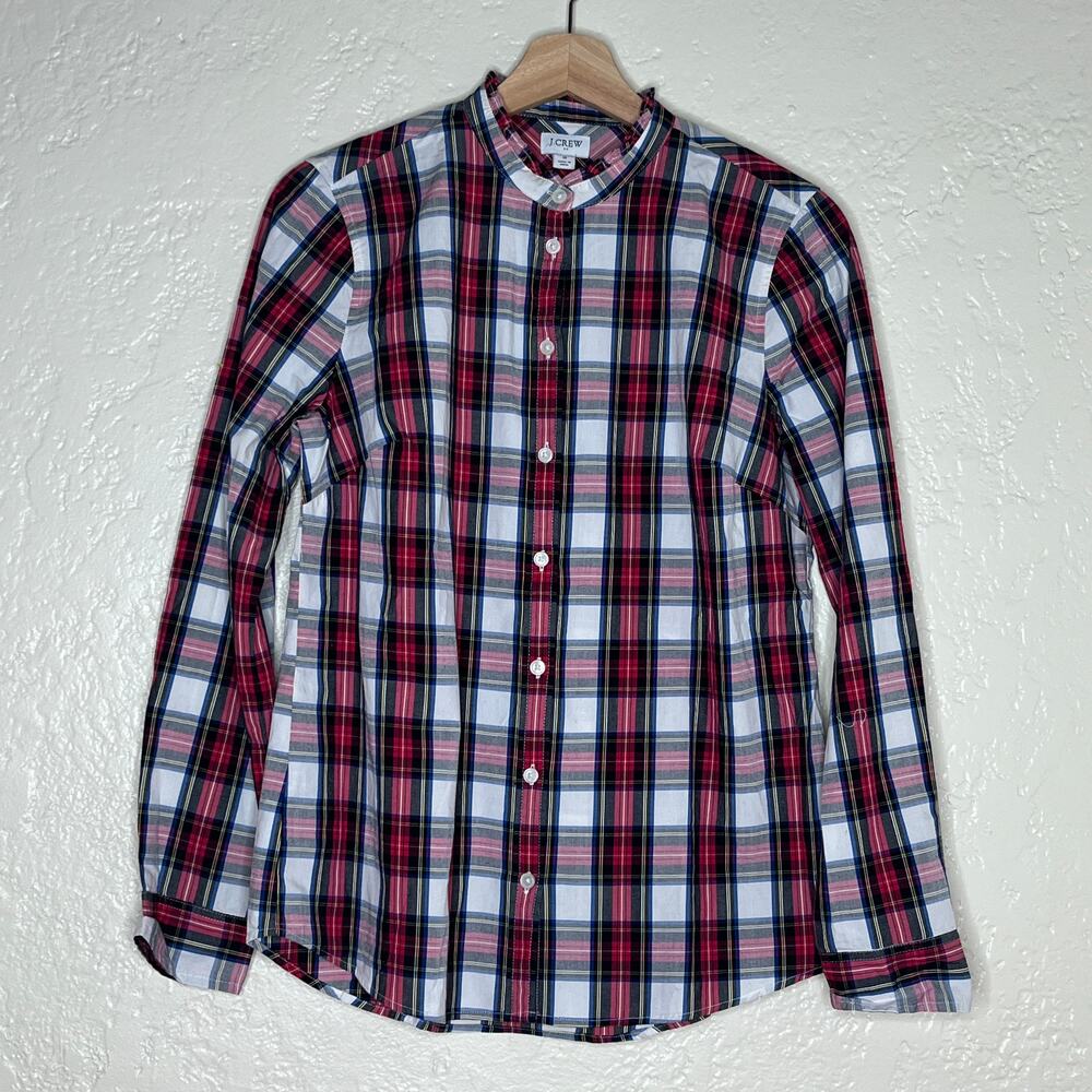 J. Crew Women's Red Tartan Plaid Button Top with Ruffled Collar Size Small NWT